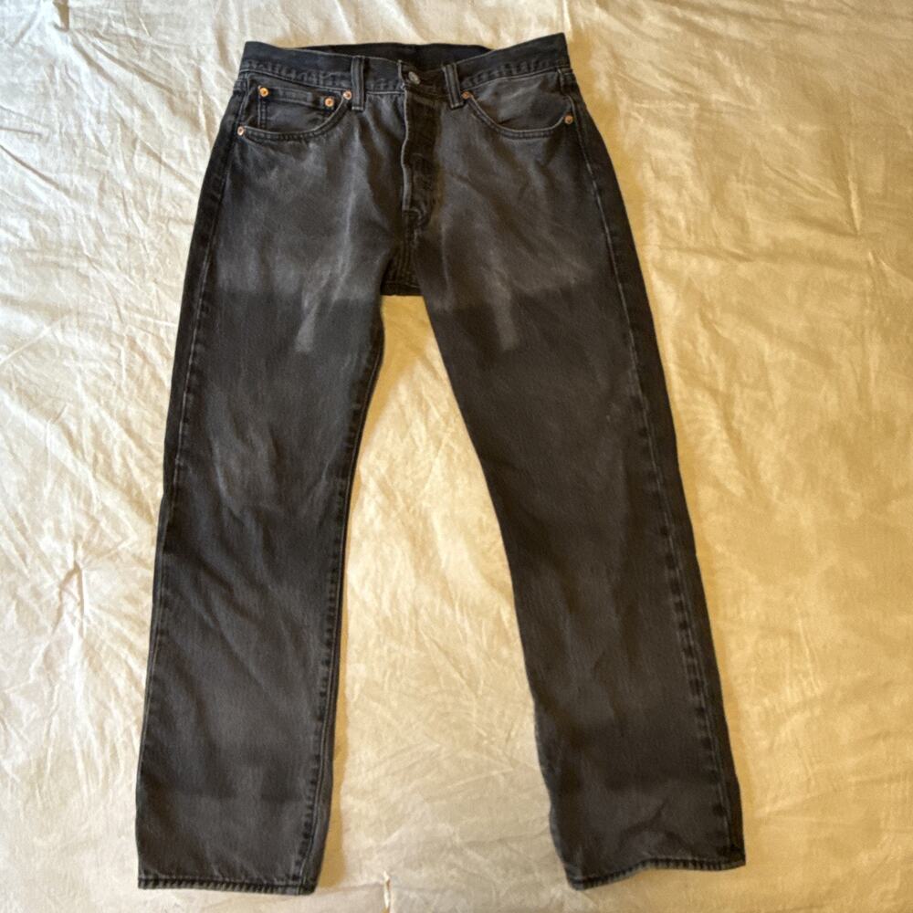 Levis 501 Jeans Mens 33x30 Charcoal Wash Button Fly Regular Straight Black Faded